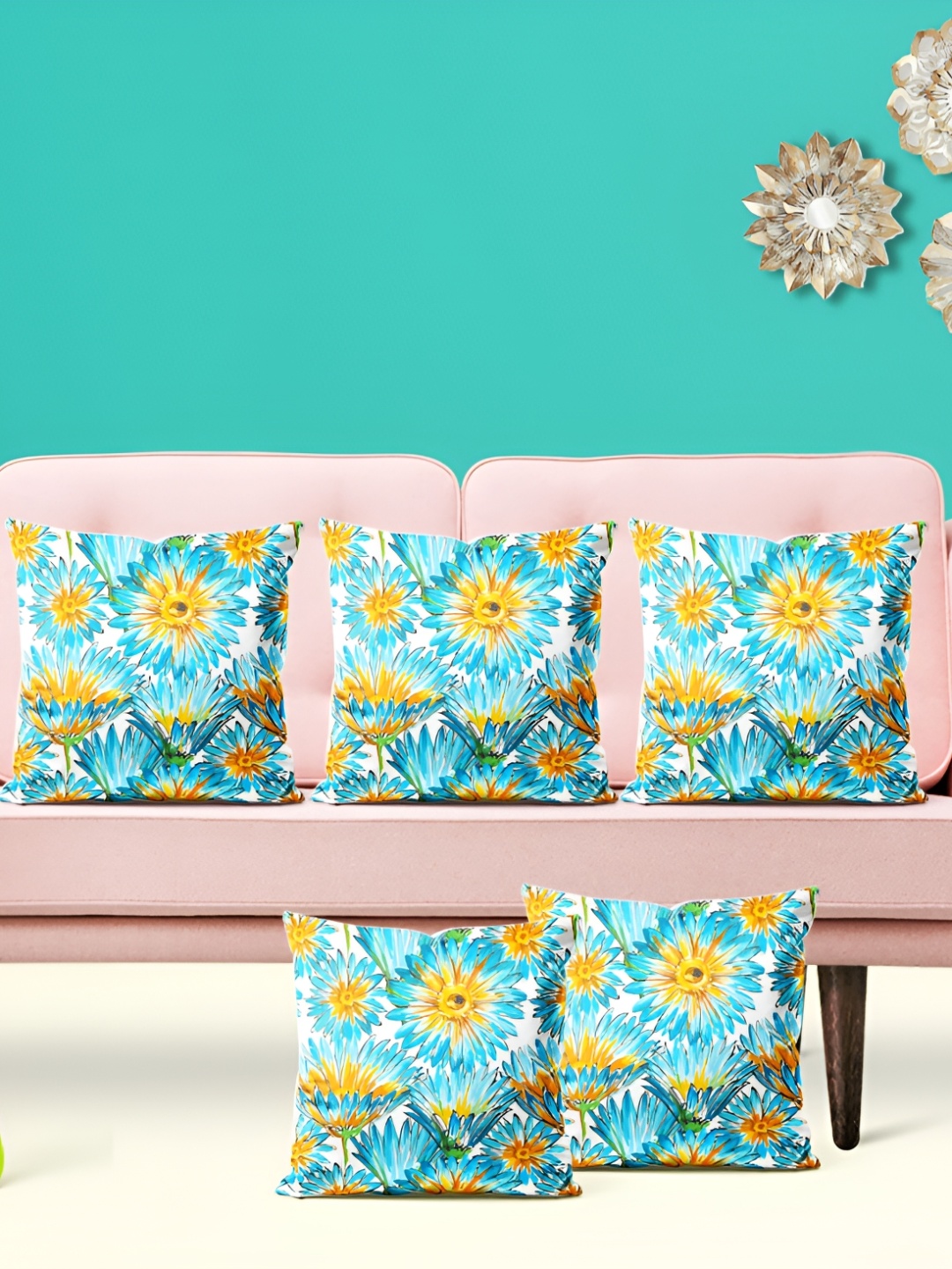 

ArtzFolio Blue & Yellow 5 Pieces Floral Printed Square Cushion Covers