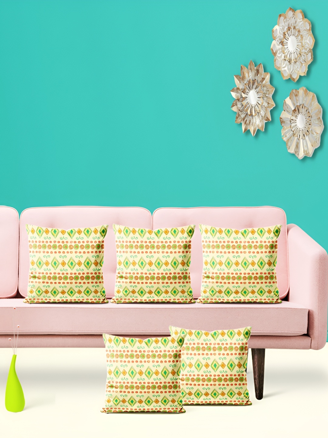 

ArtzFolio Yellow & Green 5 Pieces Geometric Printed Velvet Square Cushion Covers