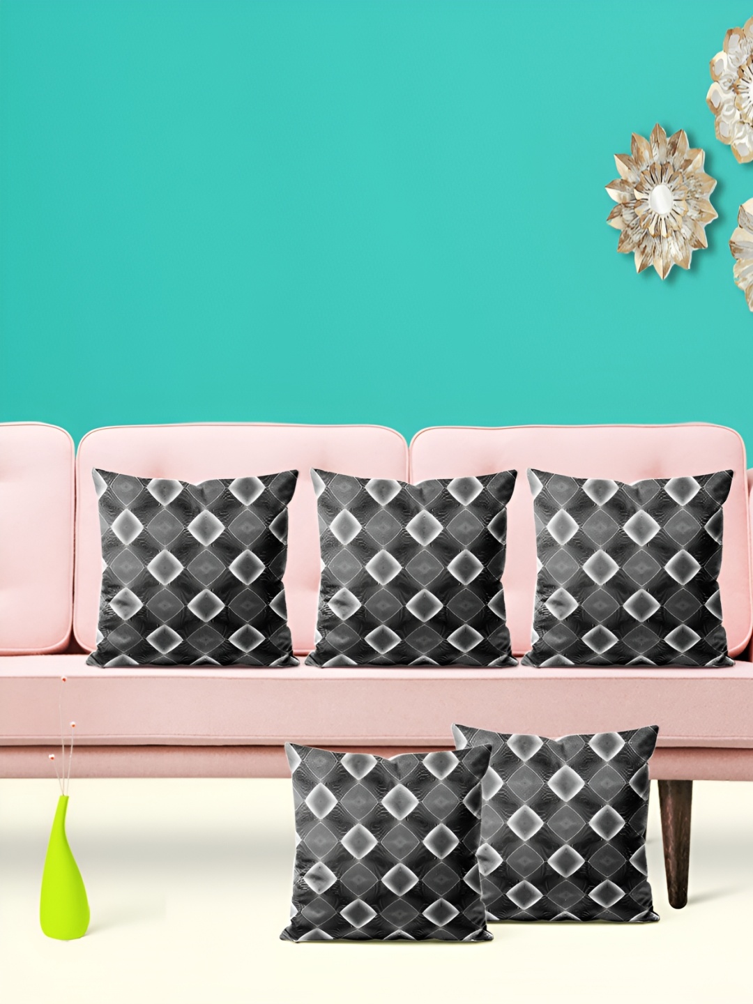 

ArtzFolio Grey & Black 5 Pieces Geometric Printed Square Cushion Covers