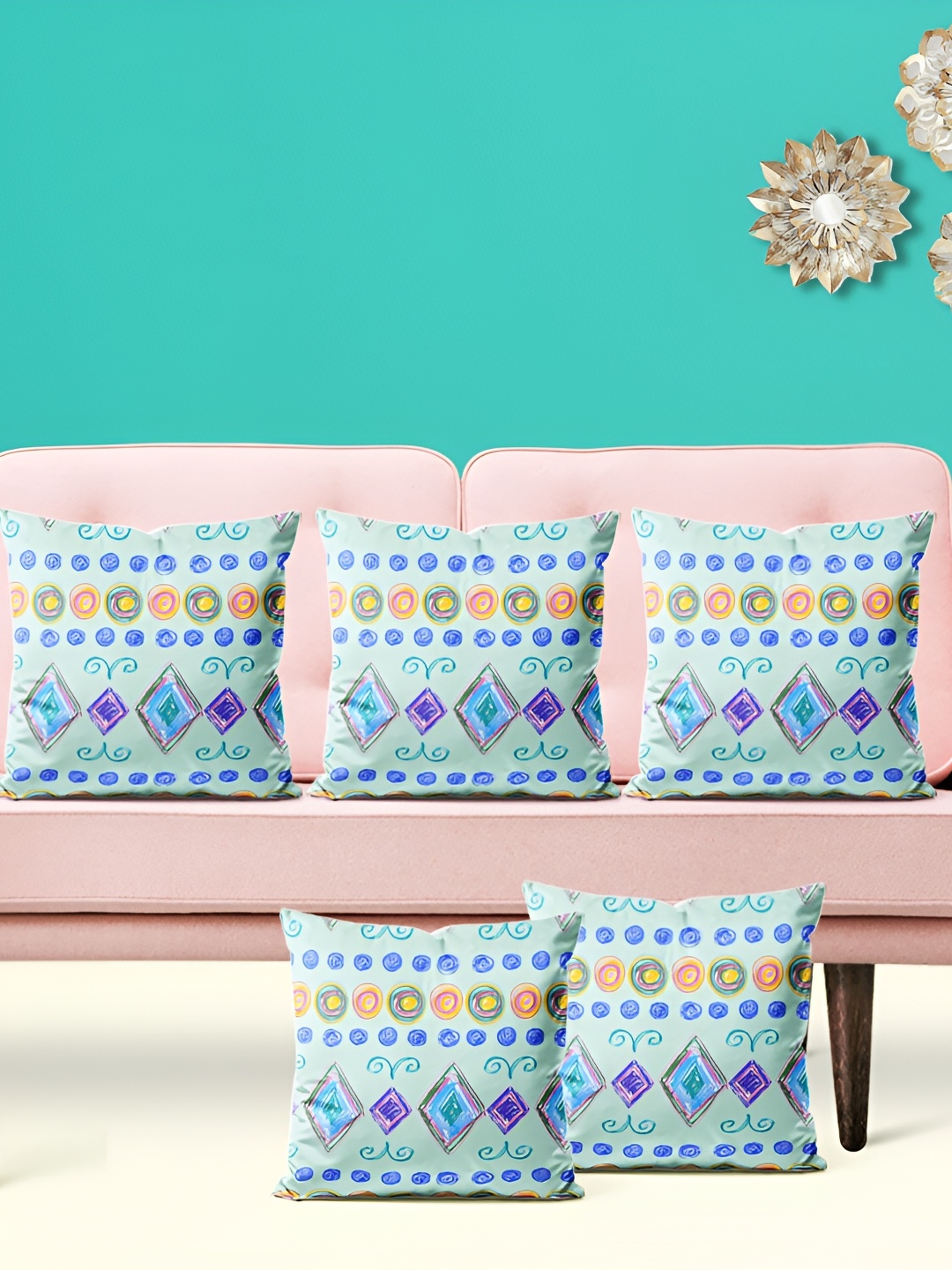 

ArtzFolio Blue 5 Pieces Geometric Square Cushion Covers