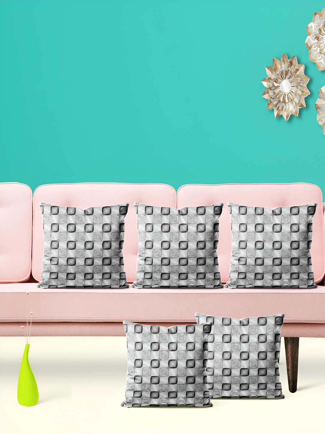 

ArtzFolio Grey 5 Pieces Geometric Velvet Square Cushion Covers