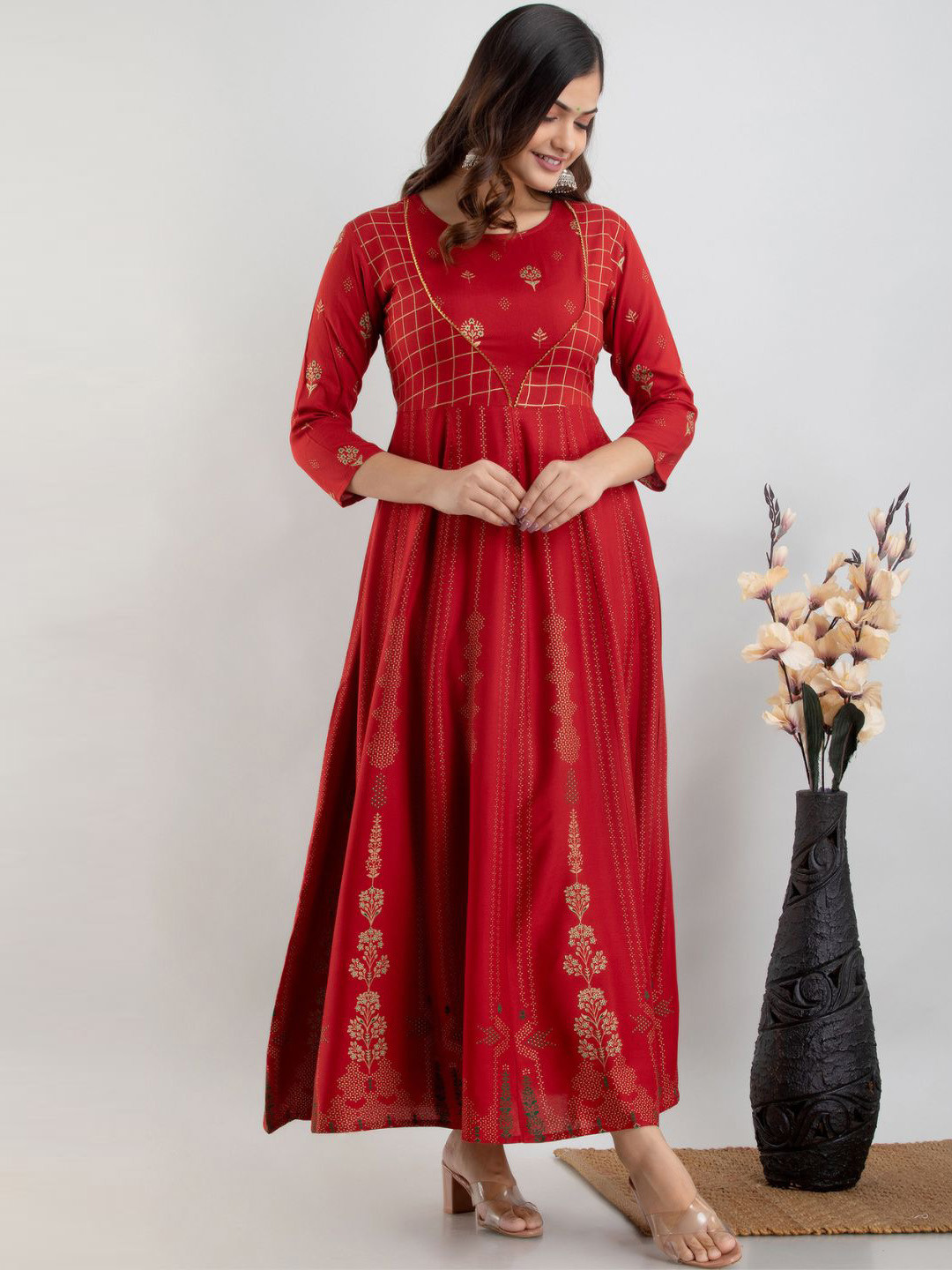 

ftDiva Round Neck Three Quarter Sleeves Anarkali Kurta, Red