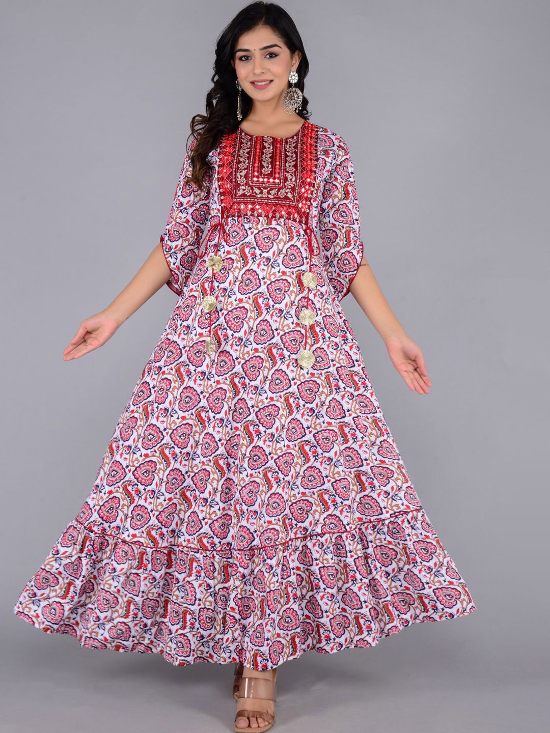 

ftDiva Floral Round Neck Anarkali Regular Kurta, White