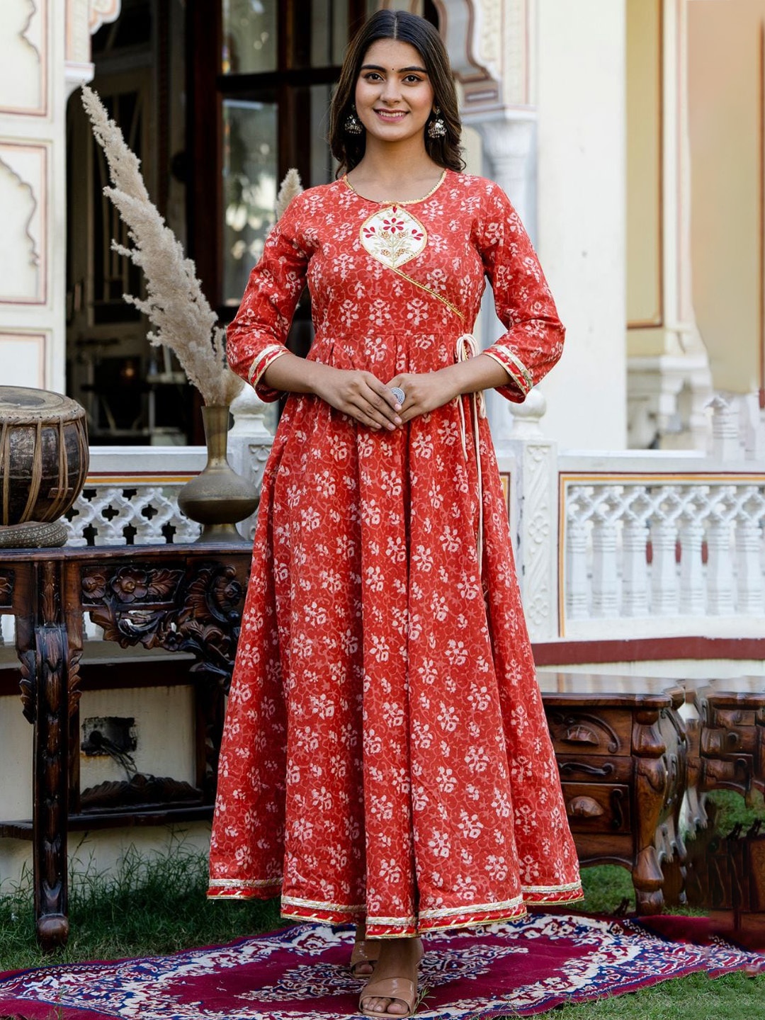 ftDiva Floral Printed Angrakha Anarkali Kurta, Red