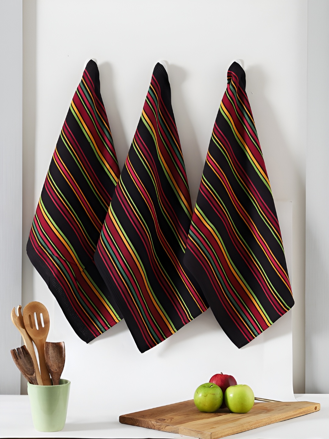 

TARAN LIVING 3-pcs Red & Black Stripe Cotton Kitchen Towels