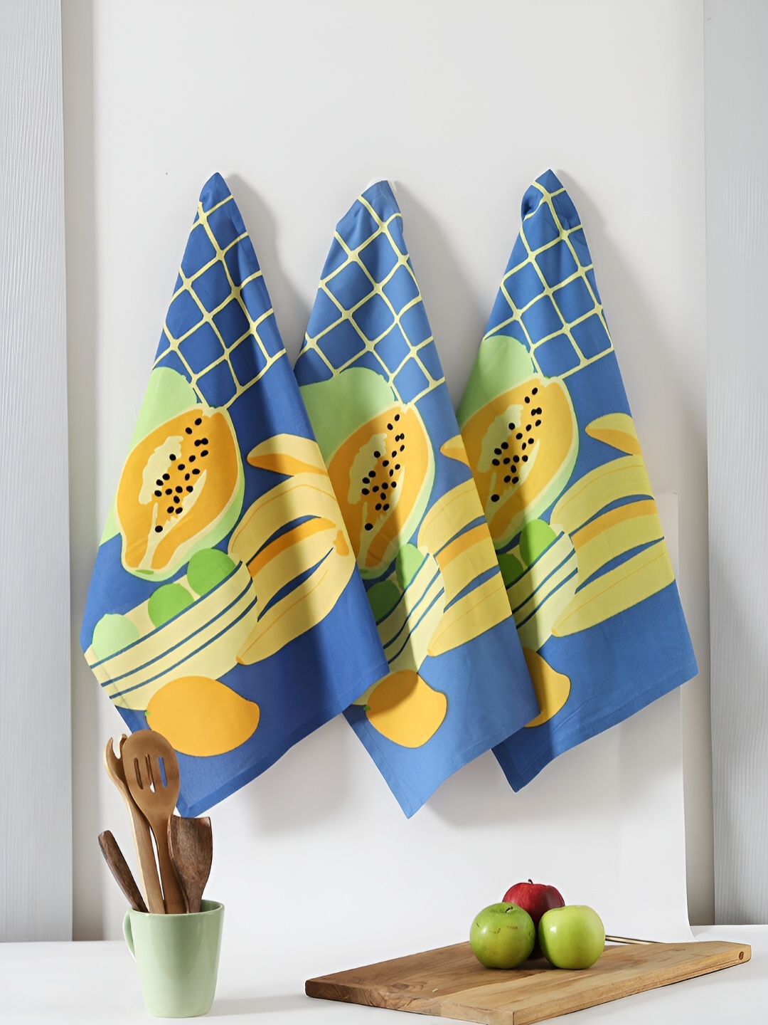 

TARAN LIVING 3-pcs Blue & Yellow Printed Cotton Kitchen Towels