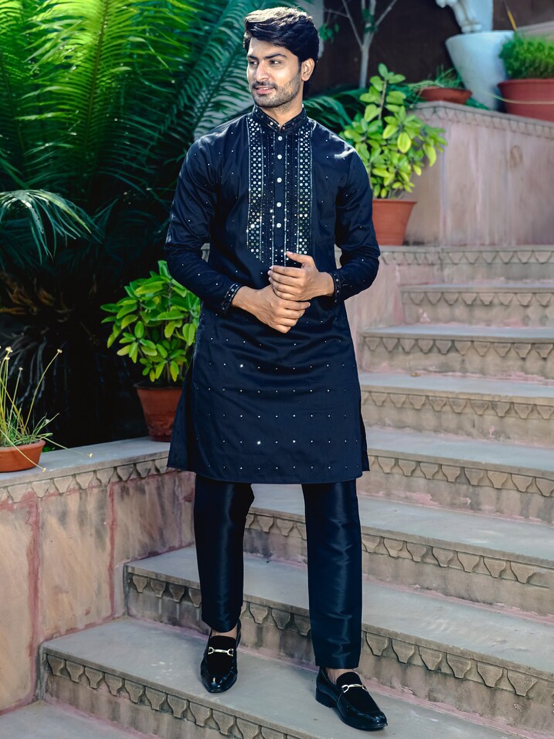 

Be Desi Embroidered Regular Sequinned Kurta with Pyjamas, Black