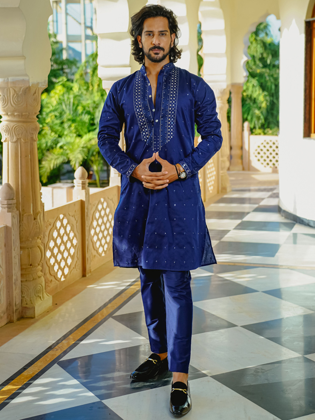 

Be Desi Ethnic Motifs Embroidered Regular Thread Work Kurta with Pyjamas, Navy blue