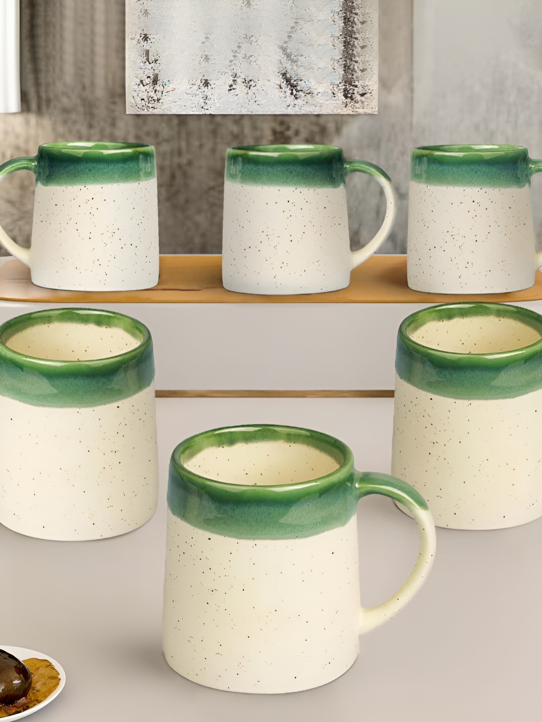 

The Earth Store Green & Beige Handcrafted Printed Ceramic Glossy Mugs Set of Cups and Mugs