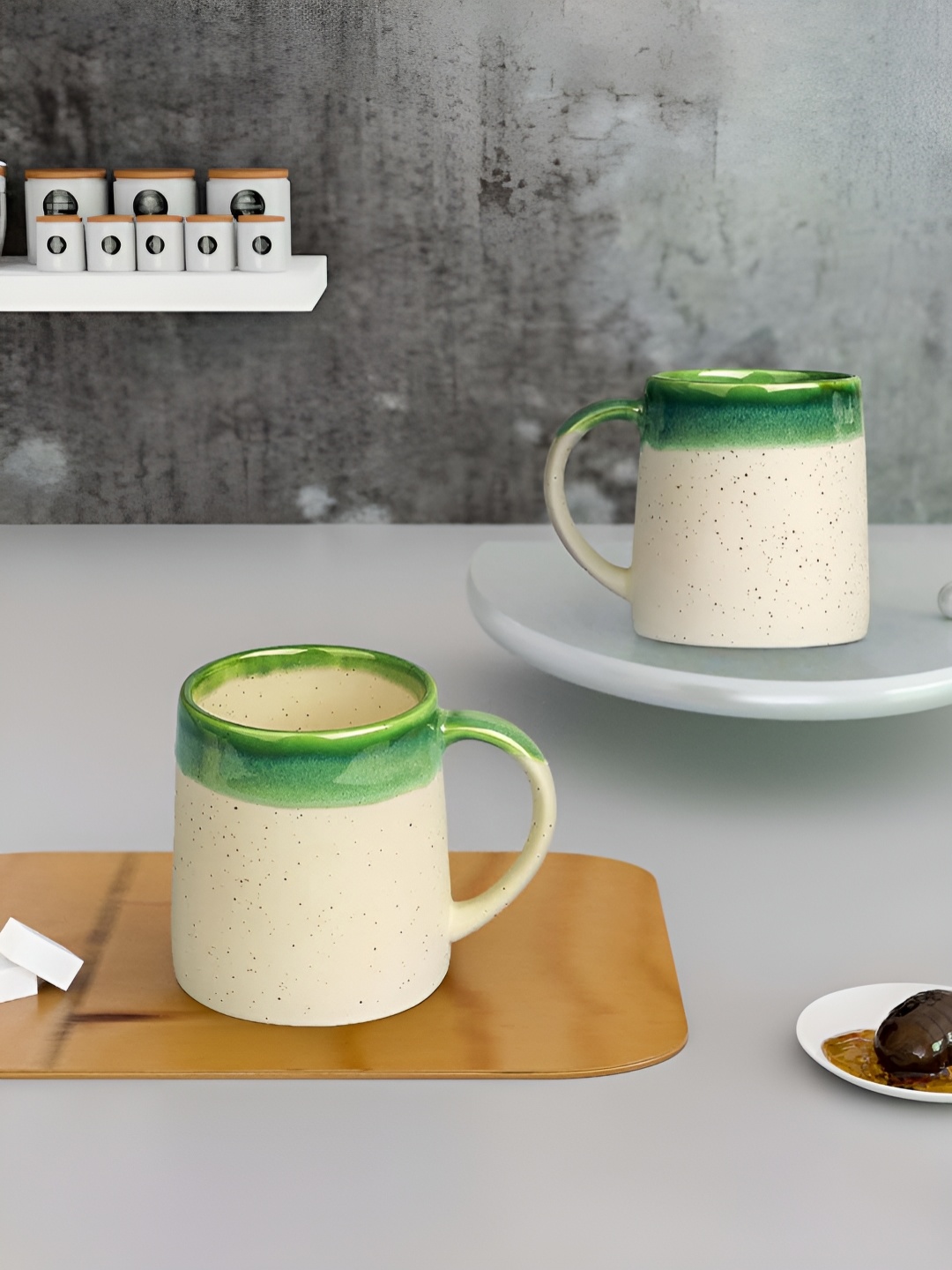 

The Earth Store Green & Beige Handcrafted Printed Ceramic Glossy Mugs Set of Cups and Mugs