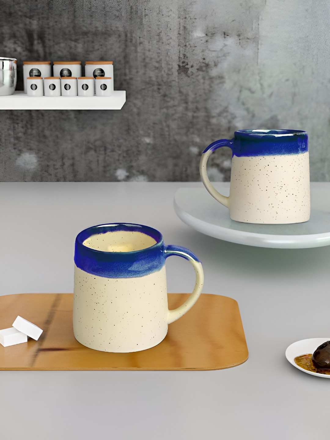 

The Earth Store Blue & Cream-Coloured Handcrafted Printed Ceramic Glossy Mugs Set of Cups and Mugs