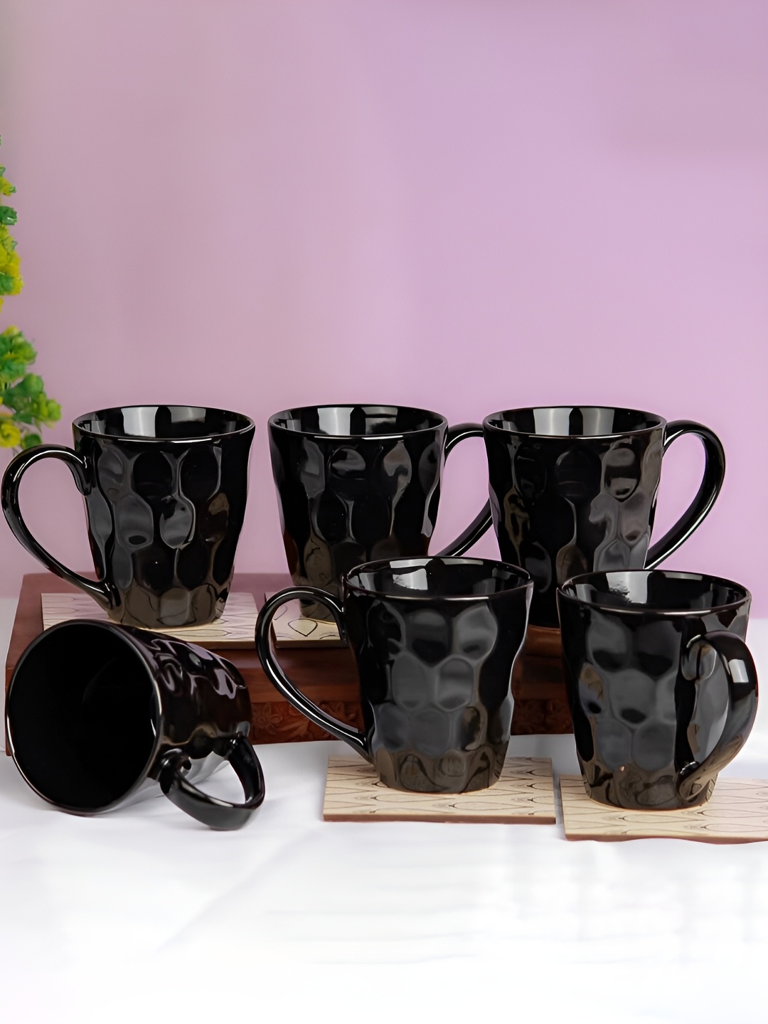 

The Earth Store Black Handcrafted Textured Ceramic Glossy Mugs Set of Cups and Mugs