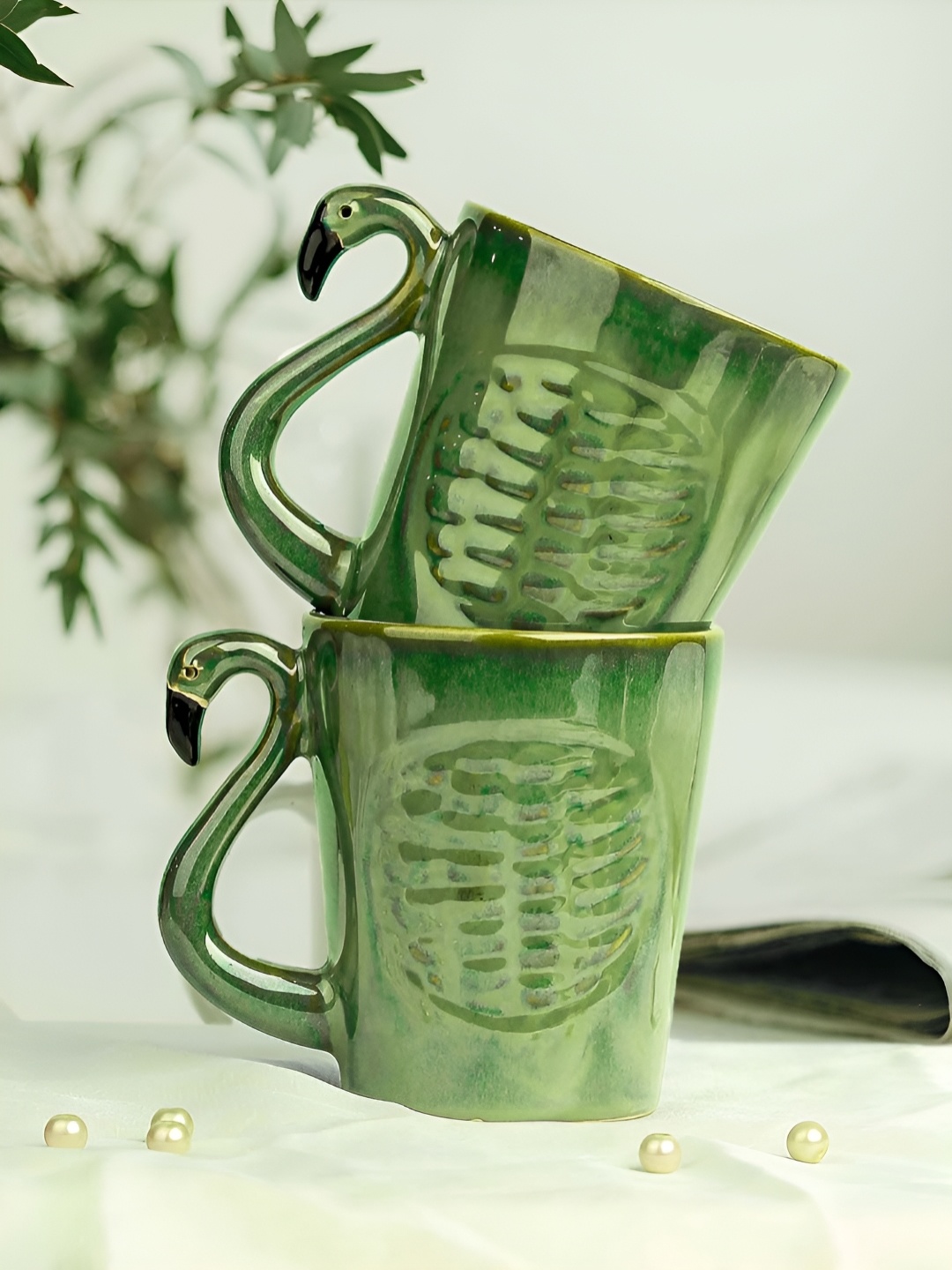 

The Earth Store Green Handcrafted Textured Ceramic Glossy Mugs Set of Cups and Mugs