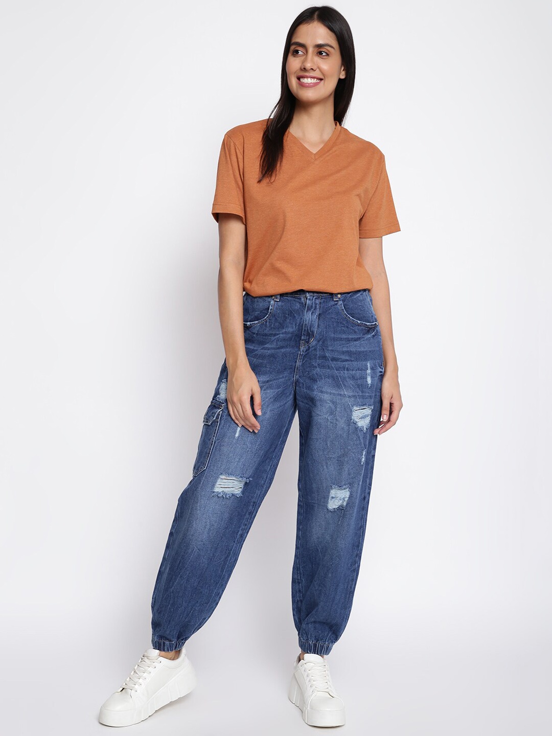 

TALES & STORIES Women Mildly Distressed Light Fade Cotton Denim Joggers, Blue