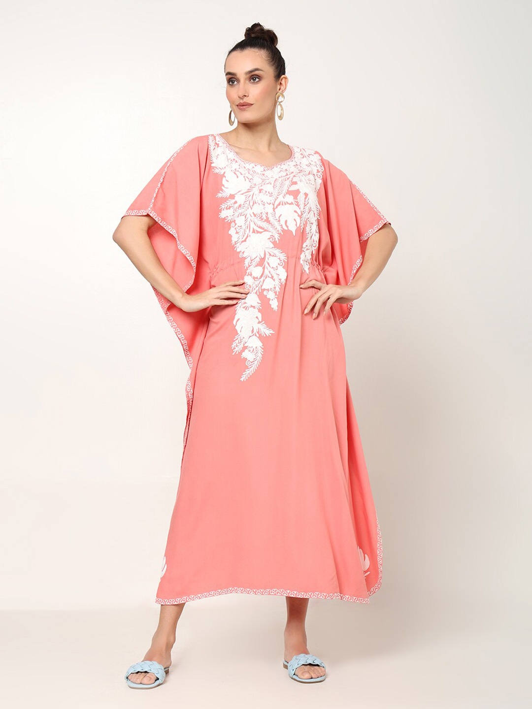 

CRAFTBAZAR Floral Printed Round Neck Kimono Sleeves Opaque A-Line Maxi Dress, Peach