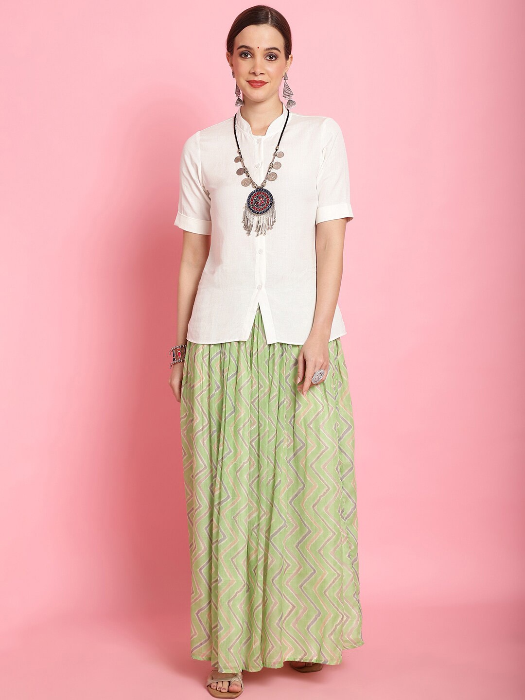 

Prakrti Off-White & Green Short Sleeves Pure Cotton Shirt & Printed Maxi Skirt