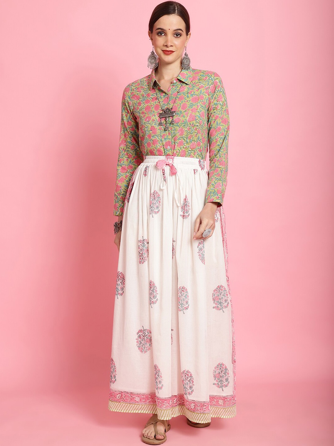 

Prakrti Printed Pure Cotton Shirt & Skirt, Green