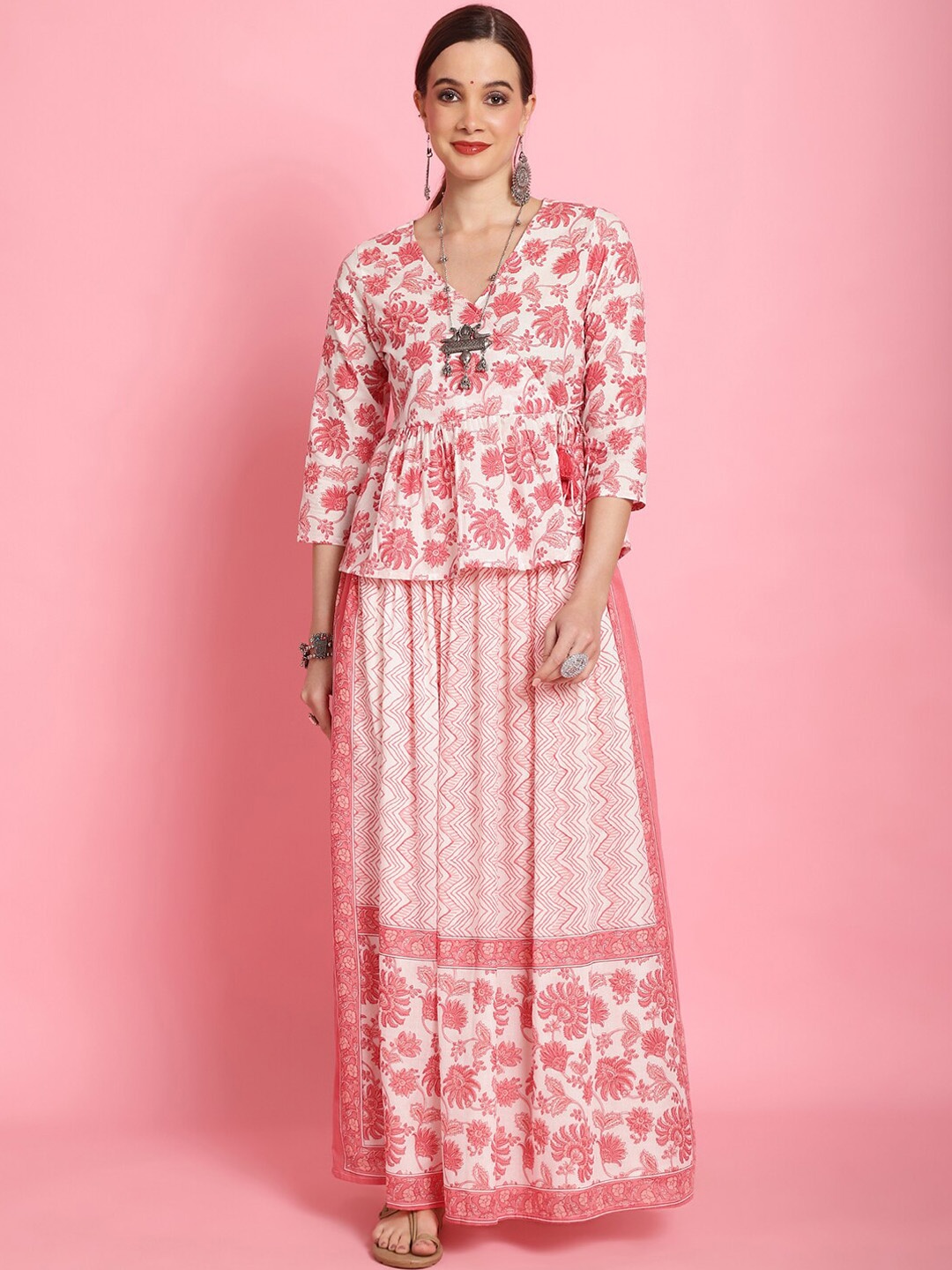 

Prakrti Floral Printed Pure Cotton Top & Skirt, Coral