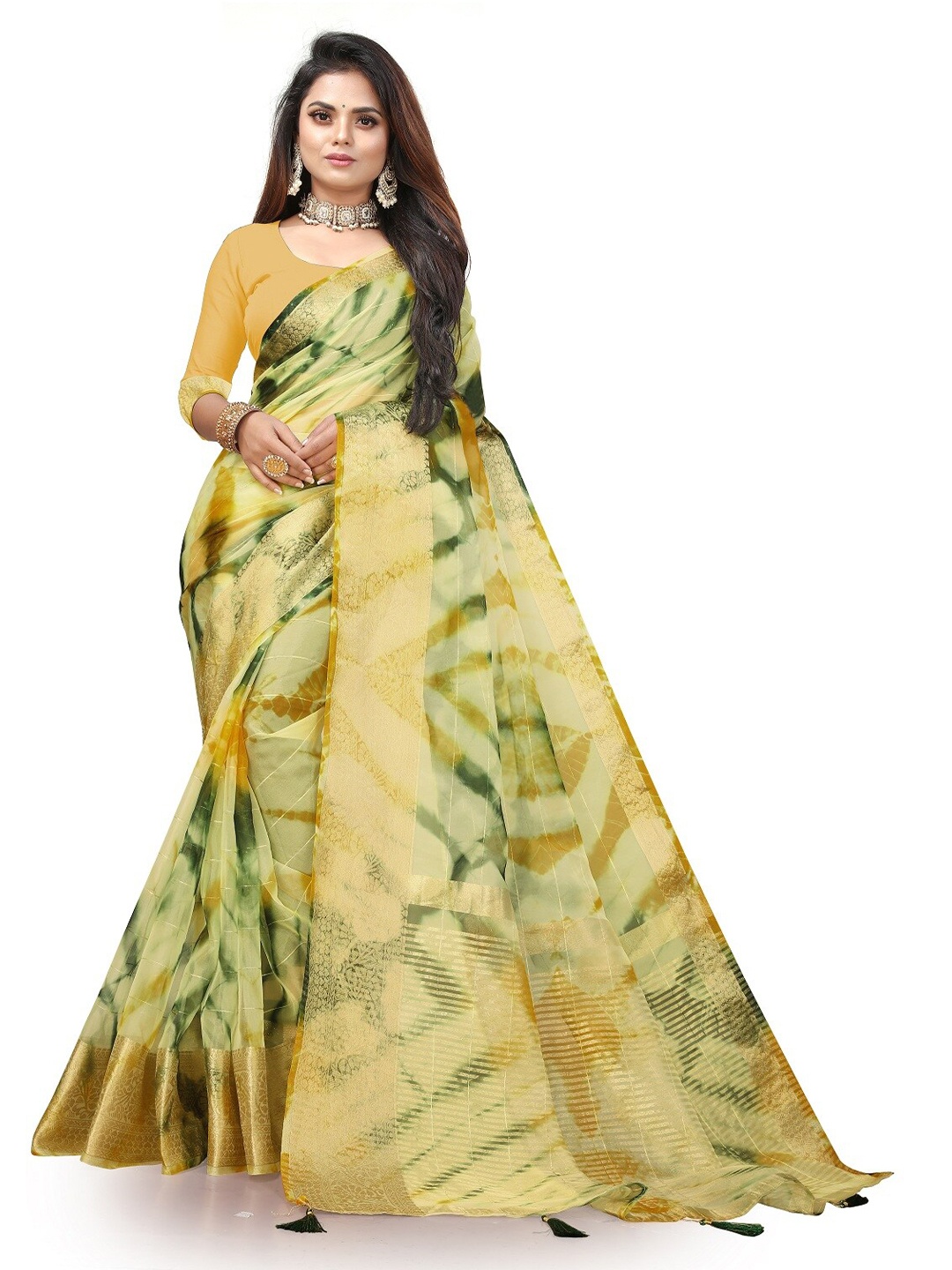 

Pemal Designer Tie and Dye Zari Organza Saree, Yellow