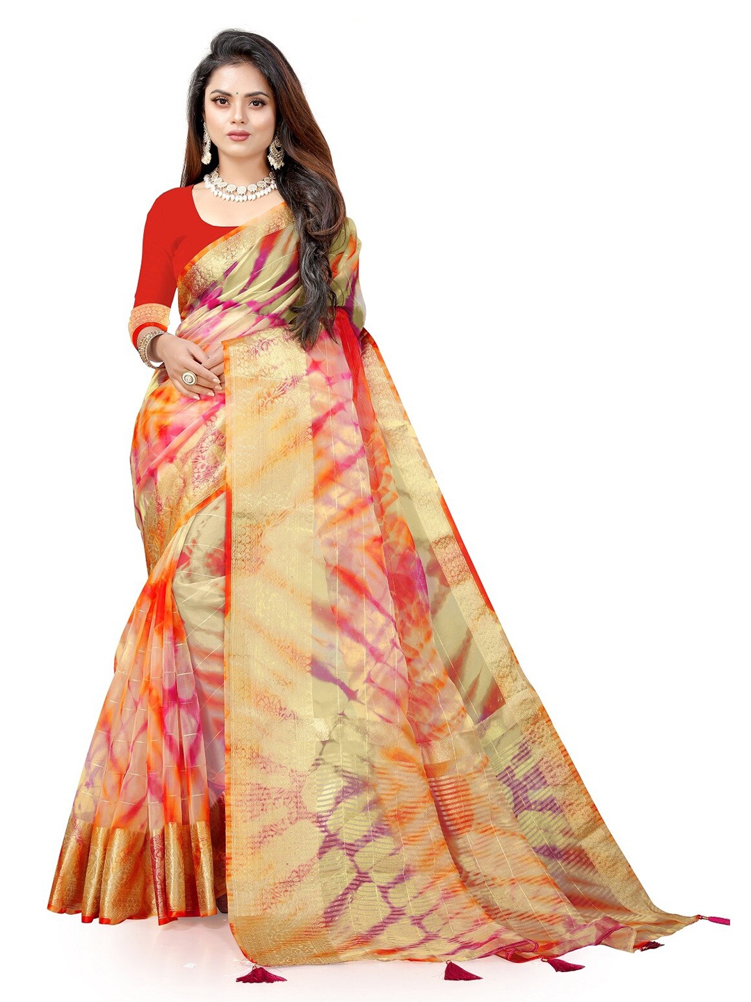 

Pemal Designer Tie and Dye Zari Organza Saree, Orange