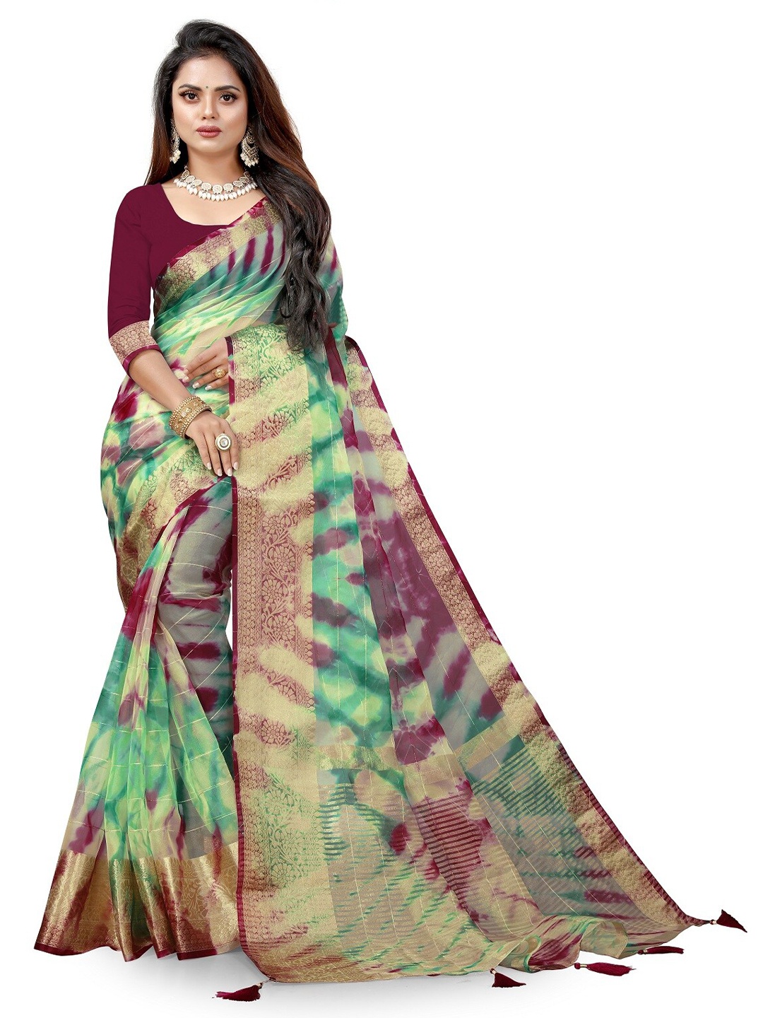 

Pemal Designer Tie and Dye Zari Organza Saree, Pink