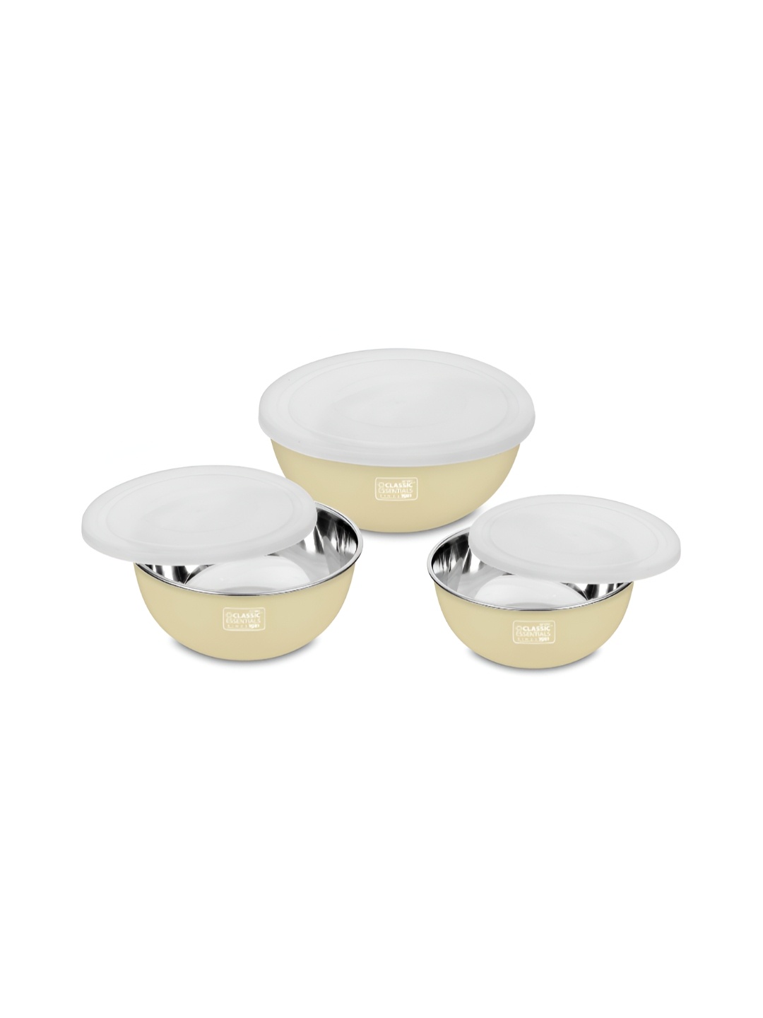 

Classic Essentials Set of 3 Cream Stainless-Steel Microwave Safe Bowls with Lids