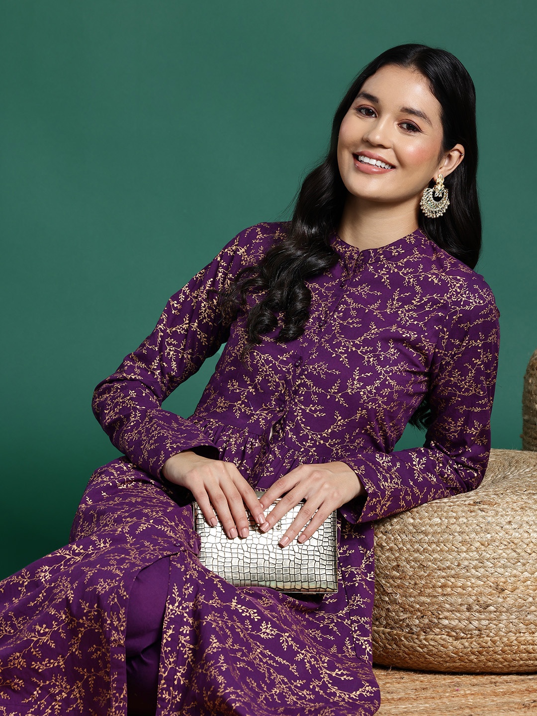 

Sangria Women Printed Pure Cotton Kurta with Trousers, Purple