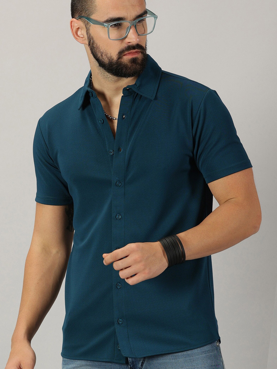 

GESPO Comfort Geometric Self Design Spread Collar Casual Shirt, Teal