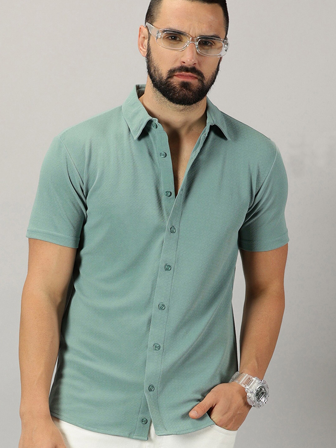 

GESPO Comfort Geometric Self Design Spread Collar Casual Shirt, Green