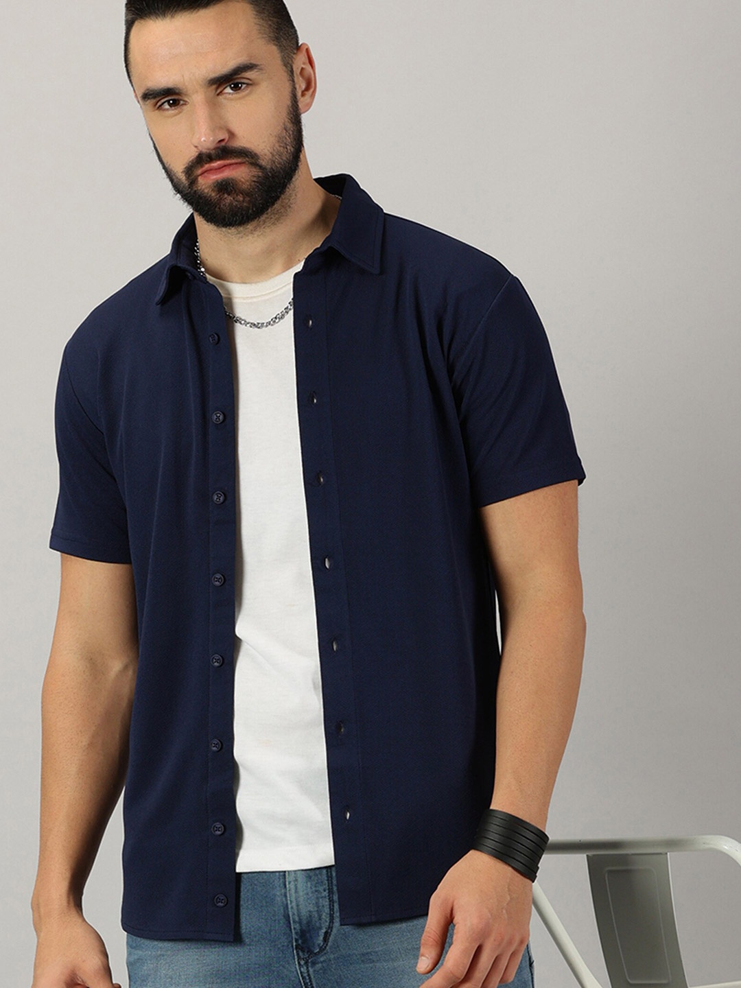 

GESPO Comfort Spread Collar Short Sleeves Casual Shirt, Blue