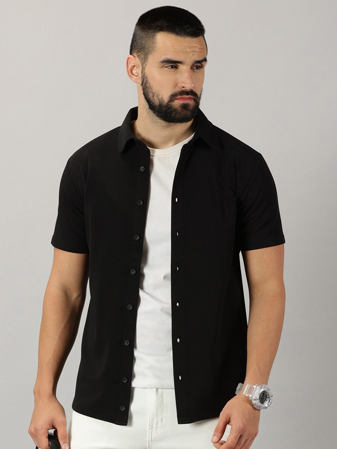 

GESPO Comfort Spread Collar Short Sleeves Casual Shirt, Black
