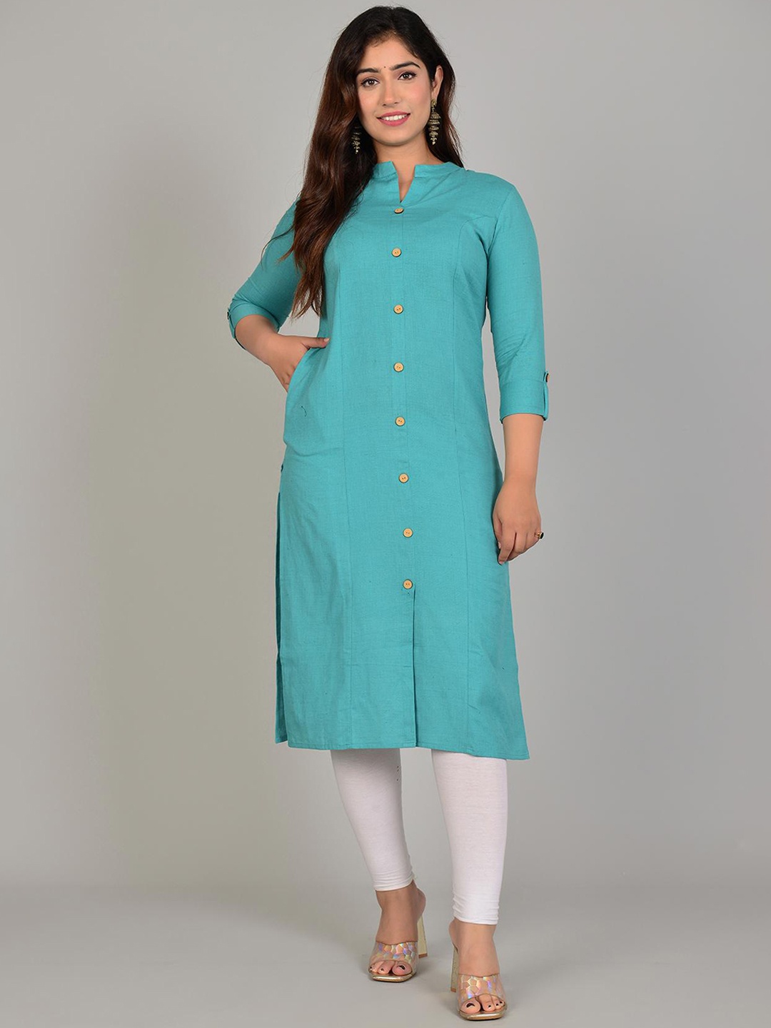 

FABISTA Mandarin Collar Pure Cotton Straight Kurta, Sea green
