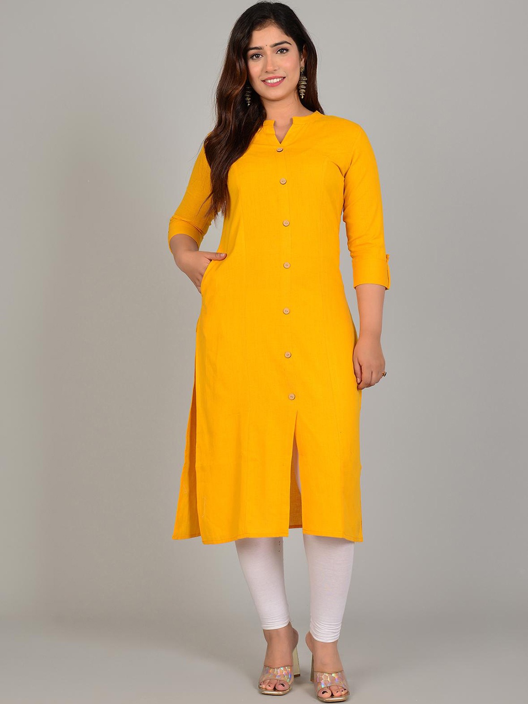 

FABISTA Mandarin Collar Pure Cotton Straight Kurta, Yellow