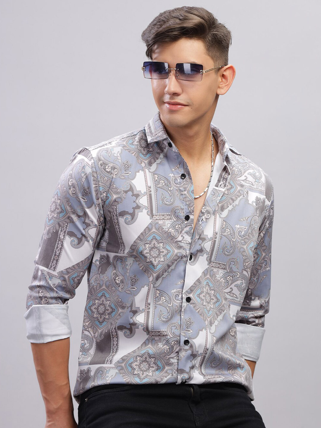 

PAUL STREET Printed Spread Collar Cotton Shirt, Blue