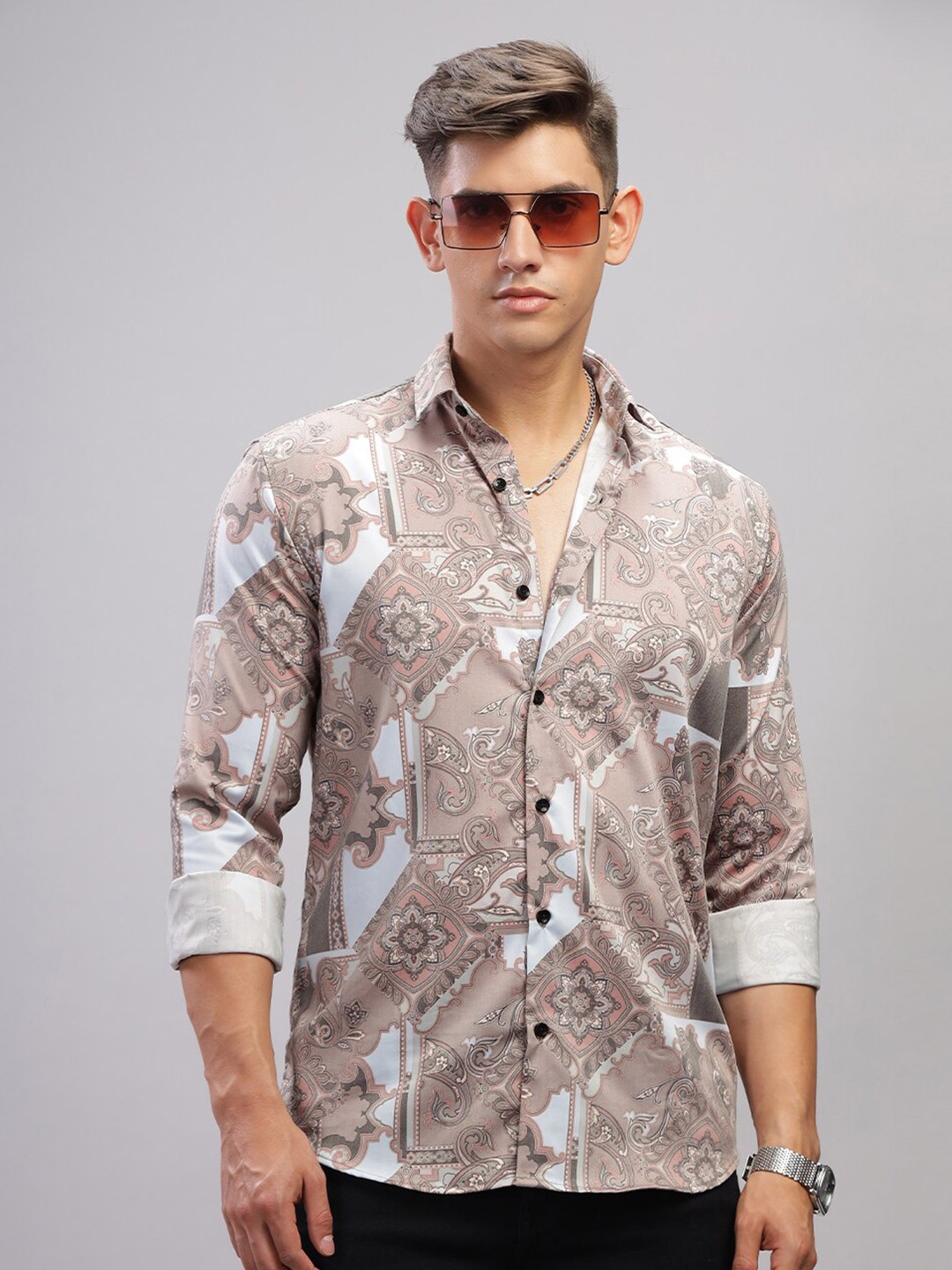 

PAUL STREET Printed Spread Collar Cotton Party Shirt, Brown