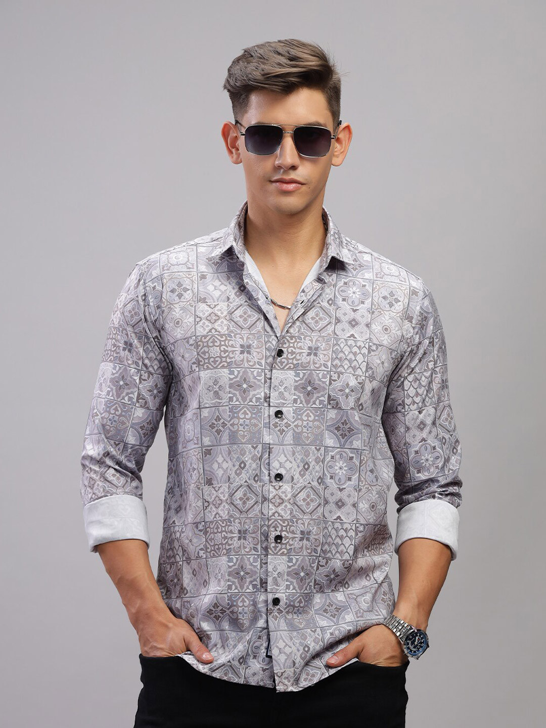 

PAUL STREET Printed Spread Collar Cotton Party Shirt, Blue