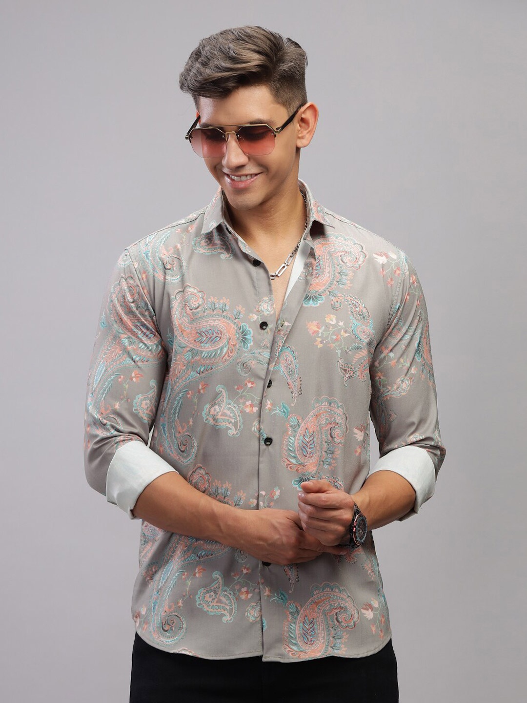 

PAUL STREET Printed Spread Collar Cotton Shirt, Grey