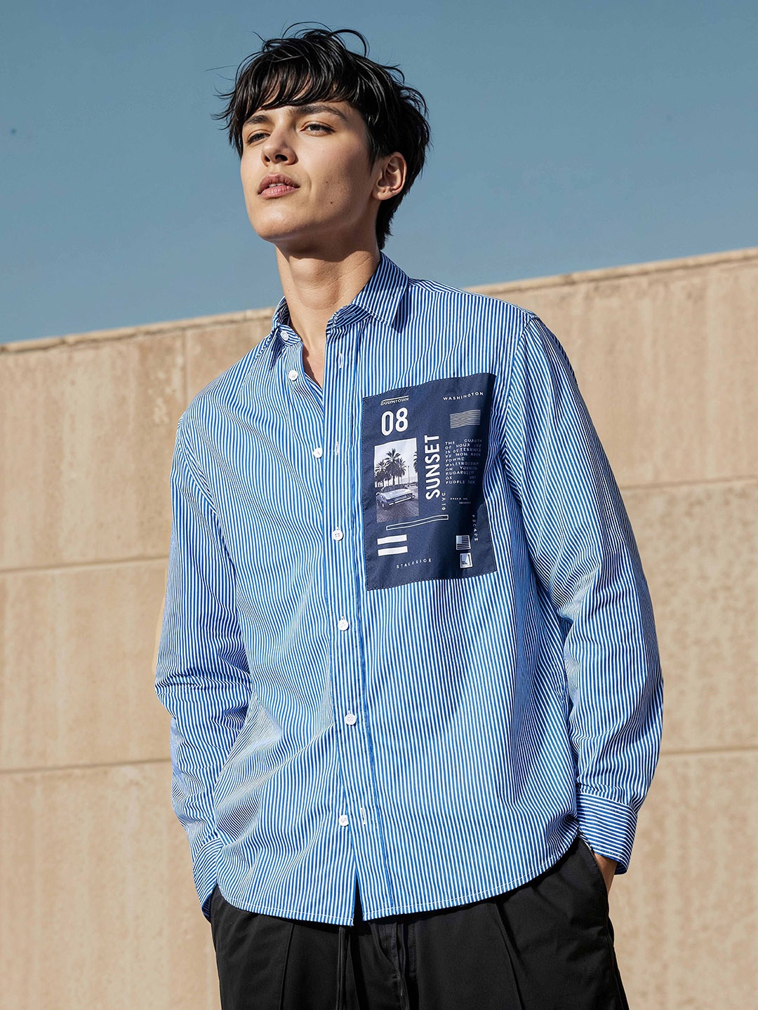 

H&M Cotton Striped Typography Print Shirt, Blue