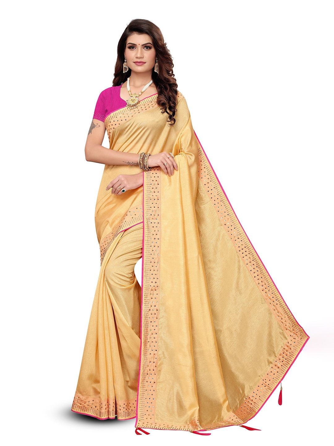 

KALINI Beads and Stones Silk Cotton Saree, Cream