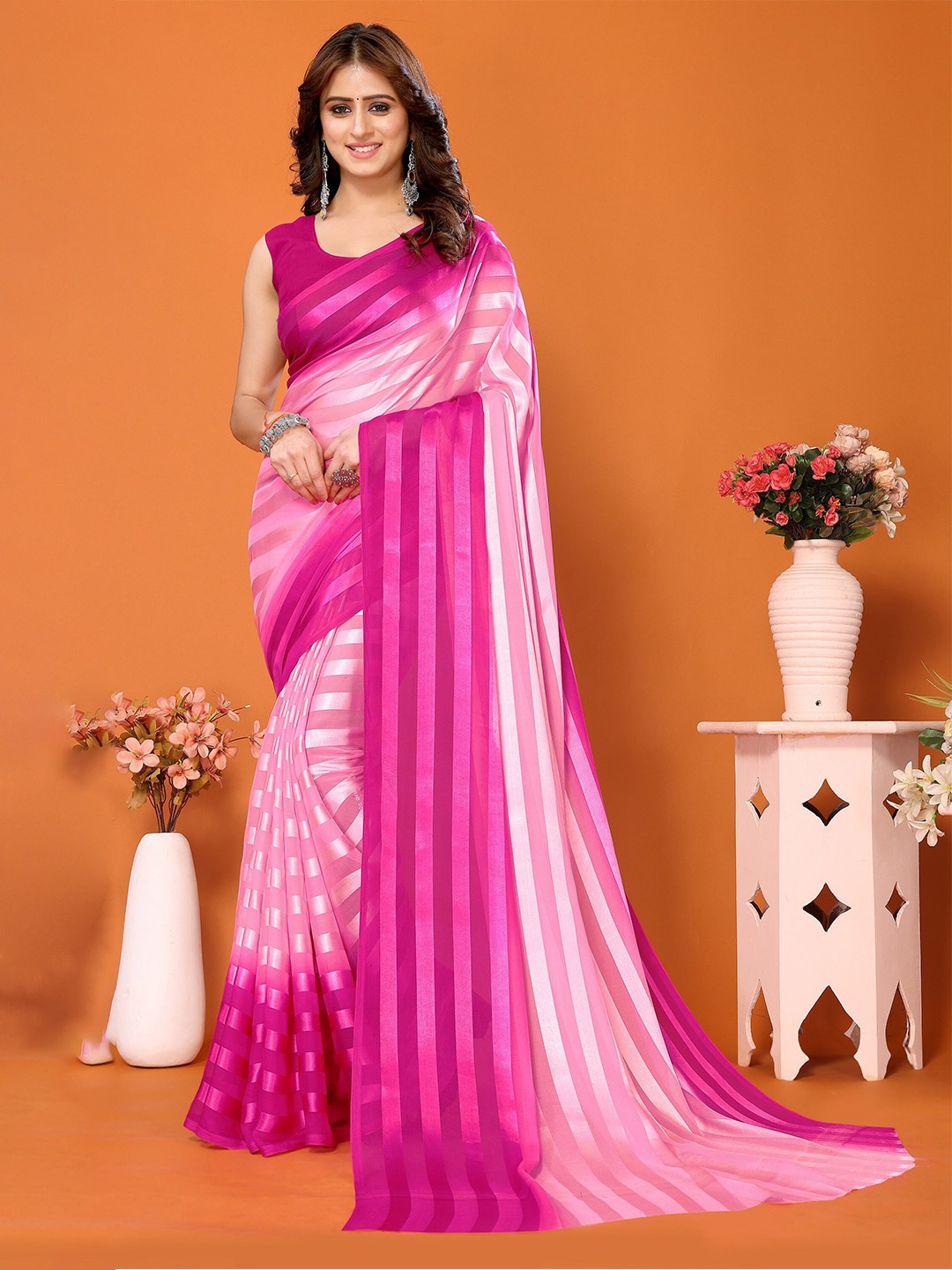 

KALINI Striped Saree, Pink