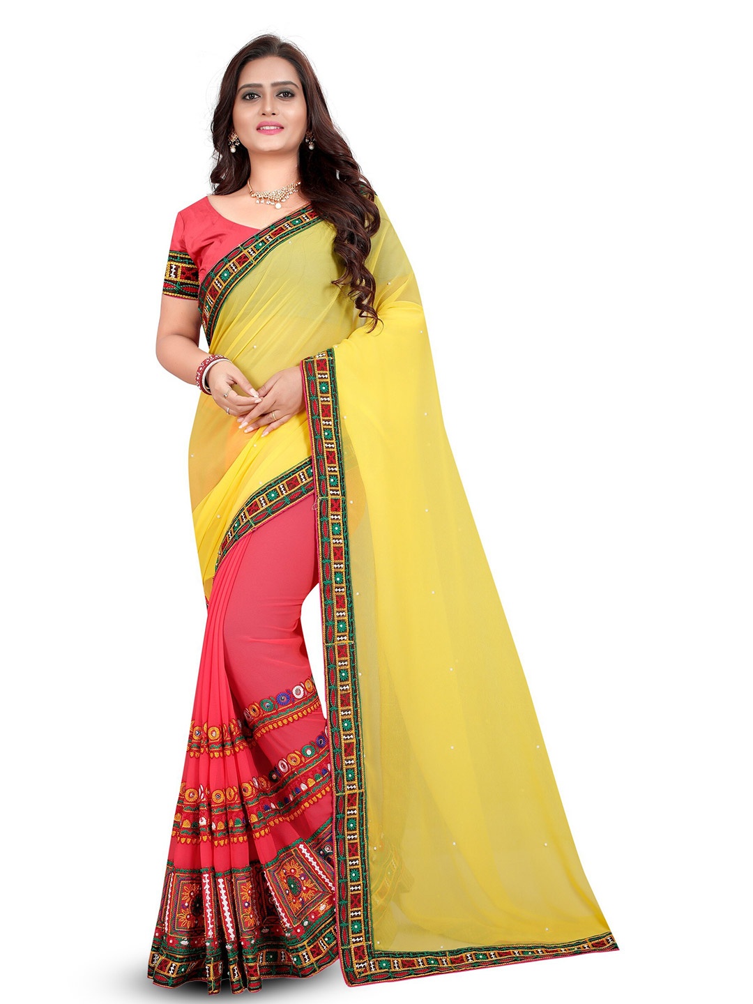 

KALINI Embroidered Silk Cotton Half and Half Saree, Yellow