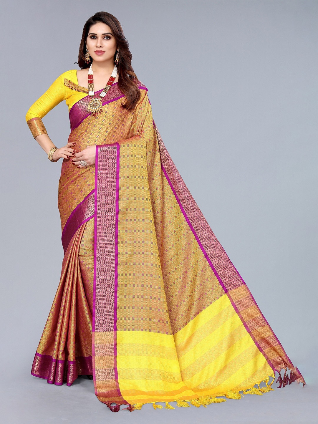 

KALINI Woven Design Zari Silk Cotton Kanjeevaram Saree, Yellow