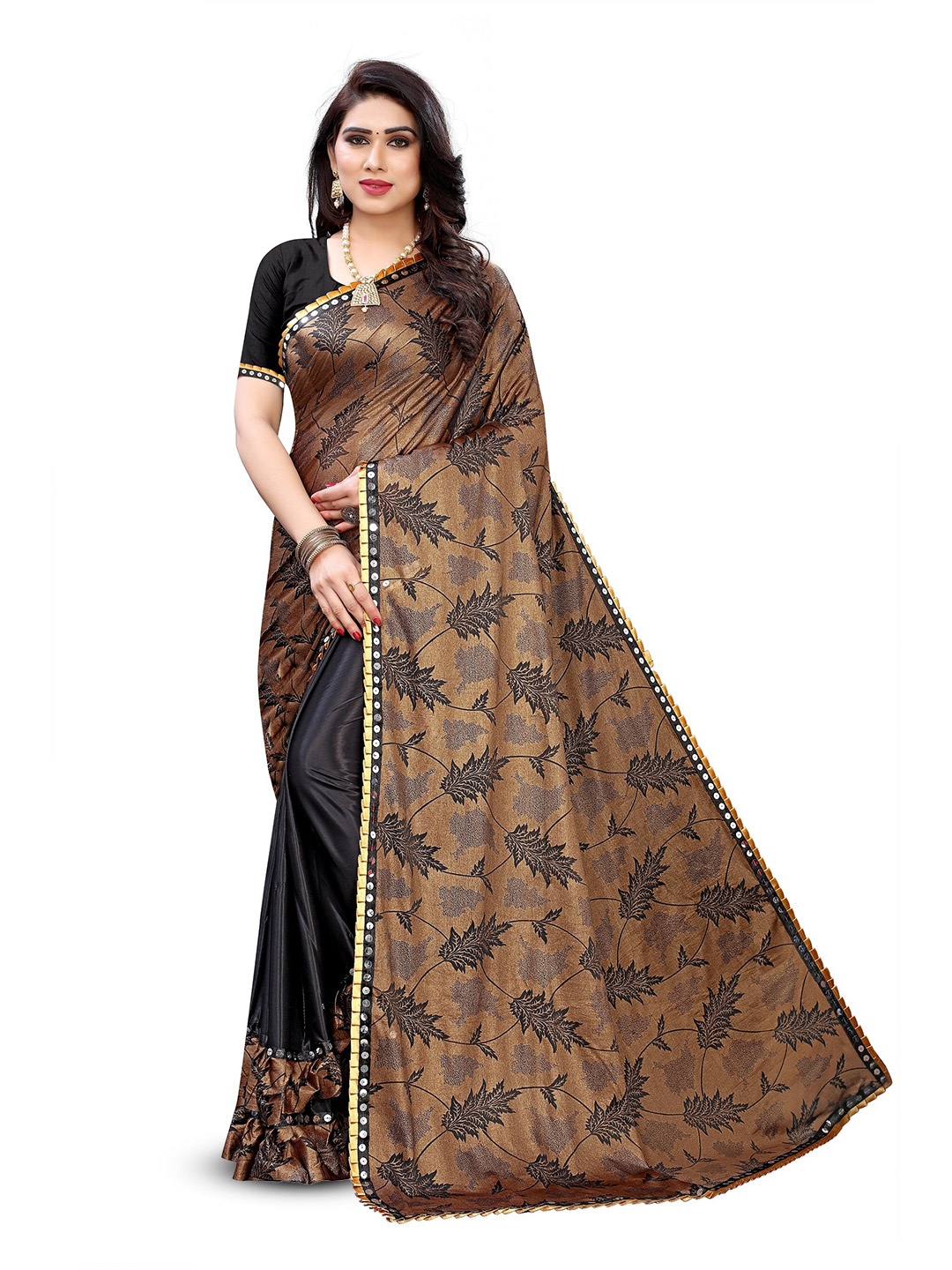 

KALIN Floral printed Embellished Saree, Brown