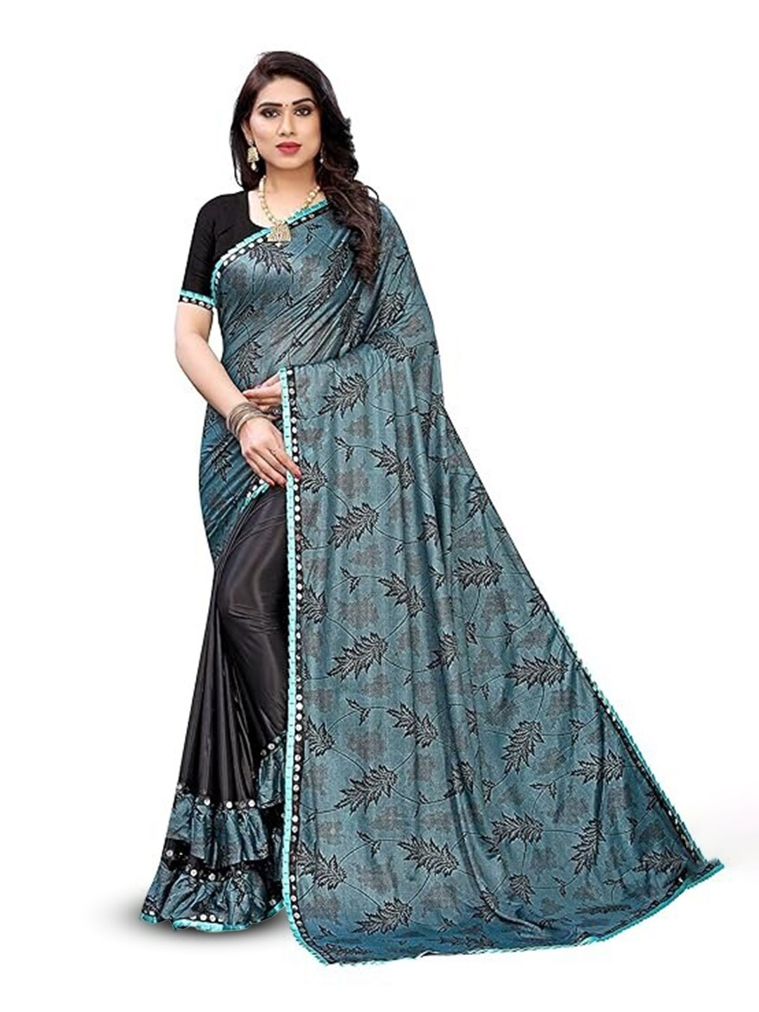

KALINI Floral Printed Embellished Saree, Green