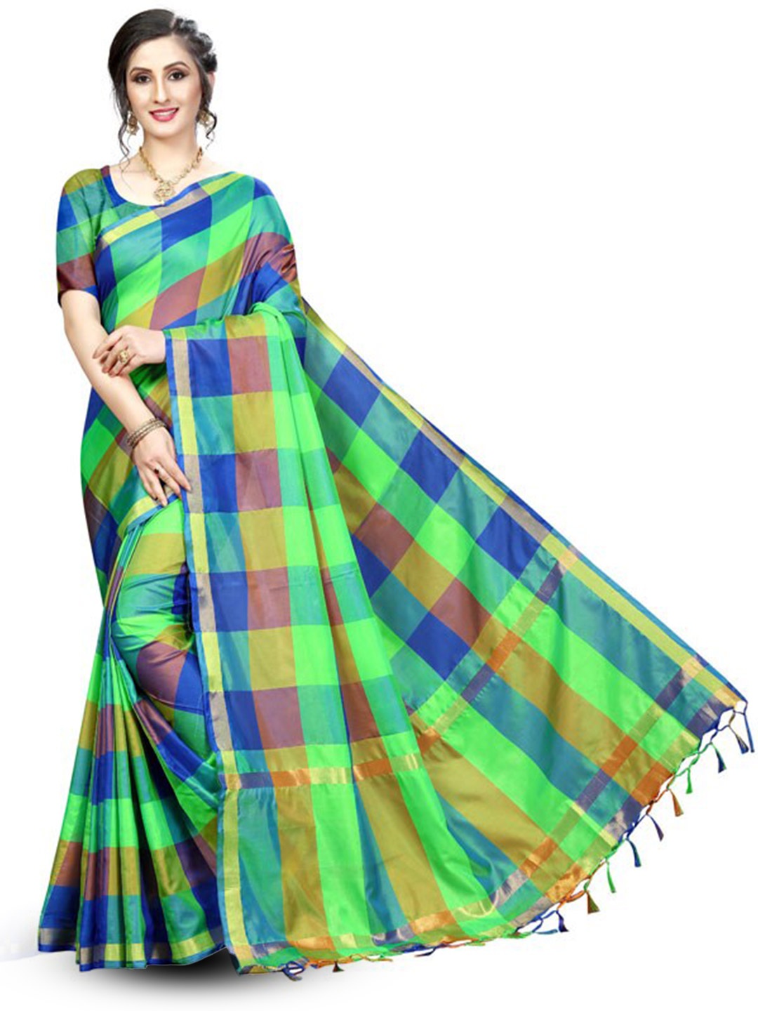 

KALINI Checked Zari Silk Cotton Kanjeevaram Saree, Green