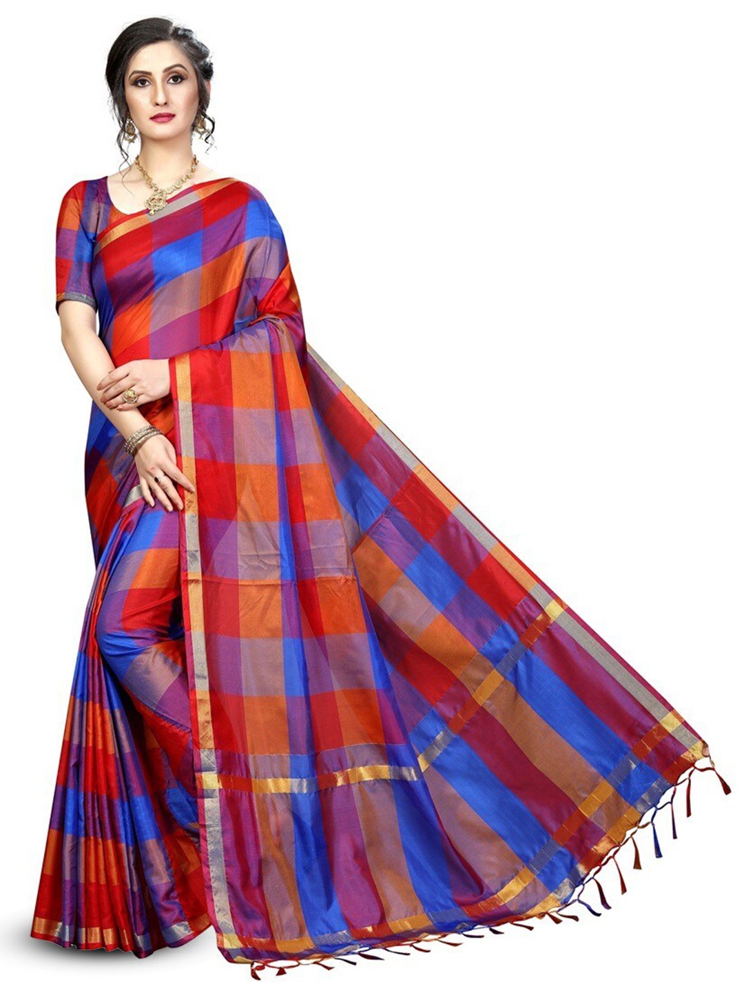 

KALINI Checked Zari Silk Cotton Kanjeevaram Saree, Purple