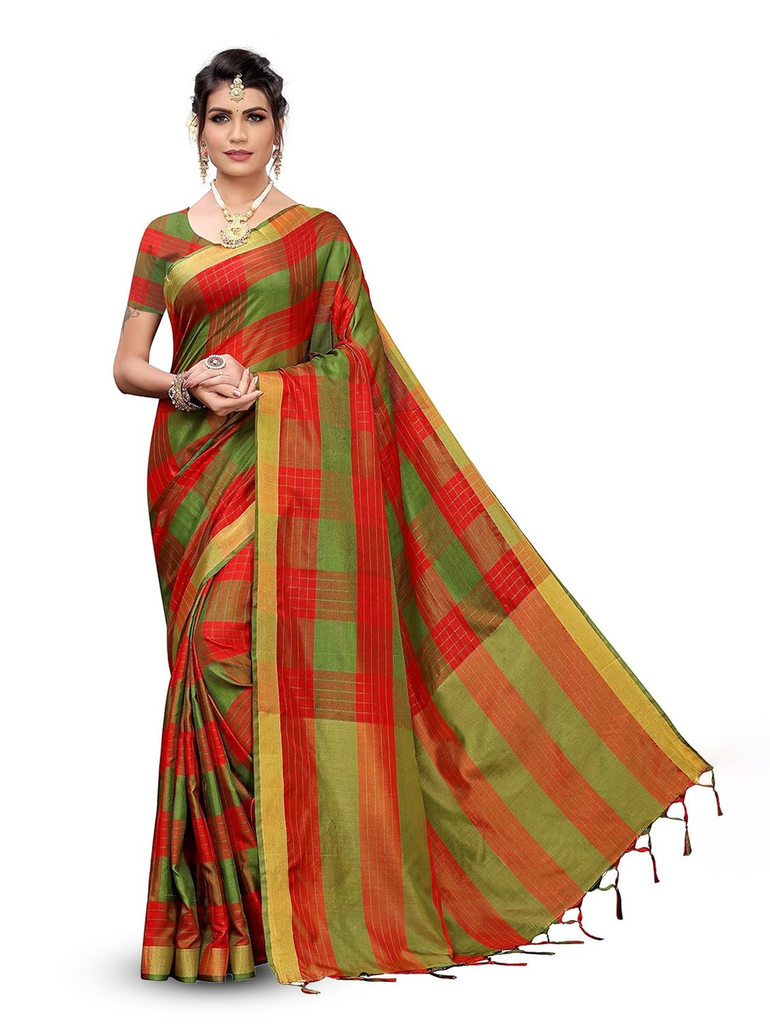 

KALINI Checked Zari Silk Cotton Kanjeevaram Saree, Red