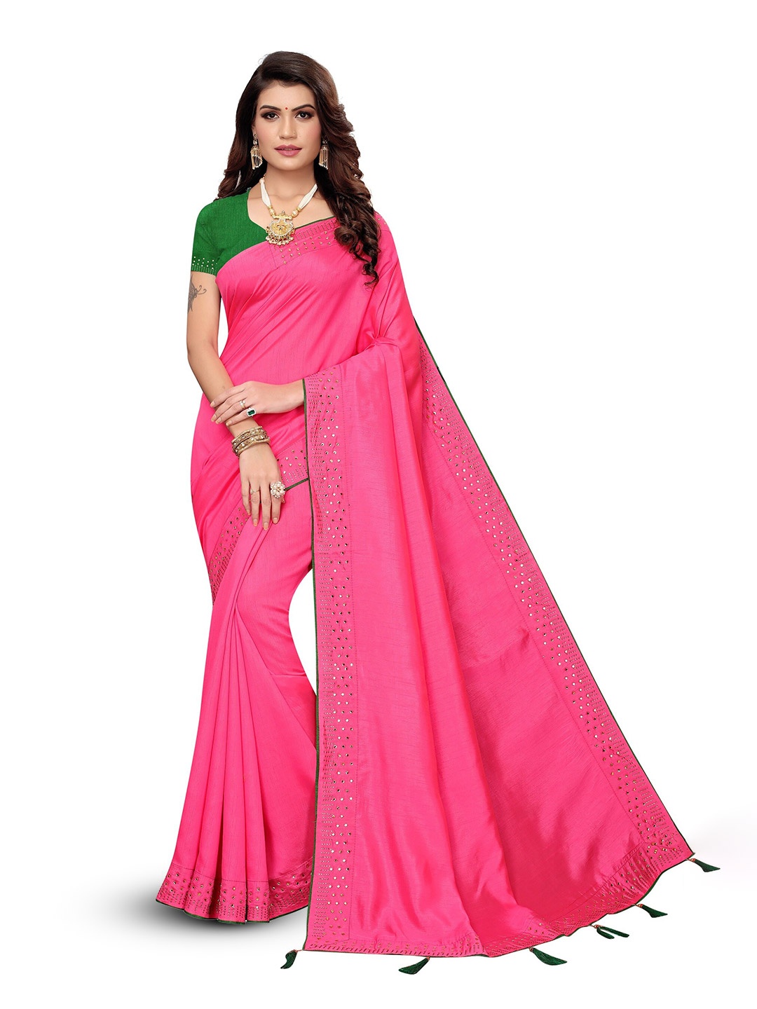 

KALINI Beads and Stones Silk Cotton Saree, Pink