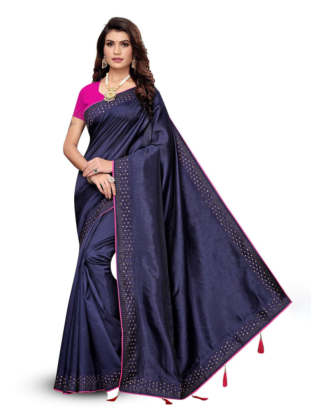 

KALINI Solid Embellished saree, Navy blue