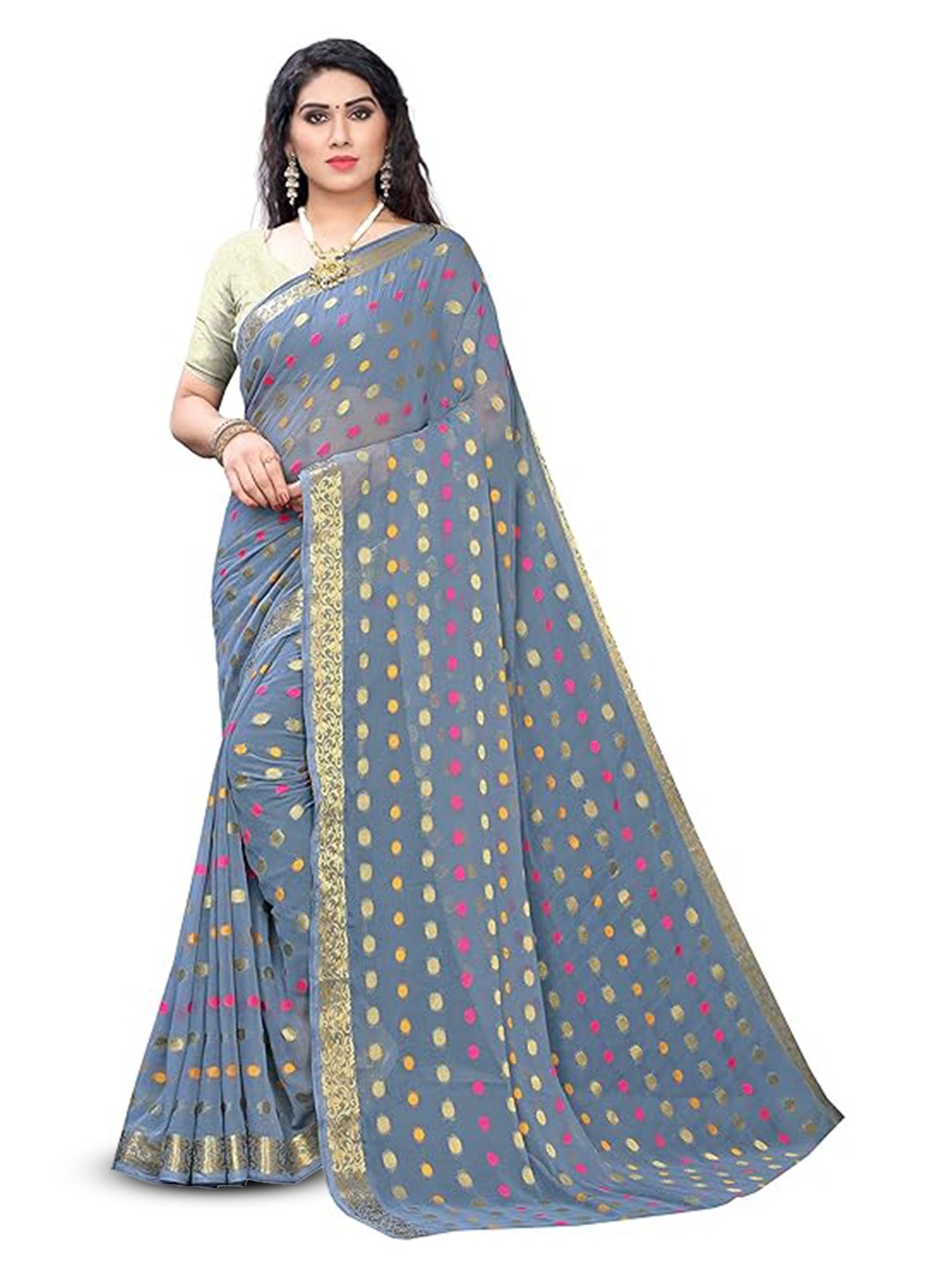 

KALINI Woven Design Zari Silk Cotton Kanjeevaram Saree, Grey
